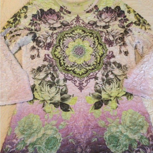 Floral Long Sleeve Tunic with Green and Purple Design - Picture 1 of 12